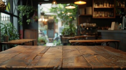 Blurry coffee shop background behind an empty wooden table