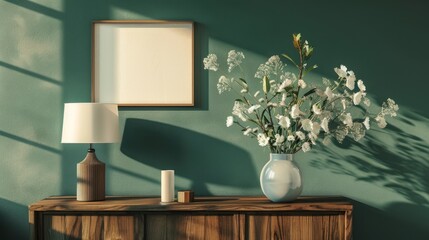 Floral Vase on Wooden Cabinet with Lamp and Picture by Green Wall