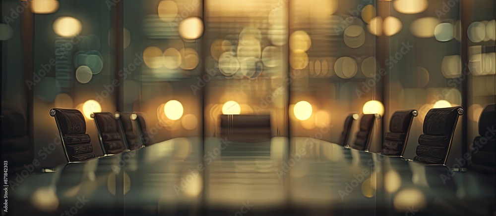 Poster Dimly lit meeting room featuring a blurred background with space for a picture insert. image with copy space