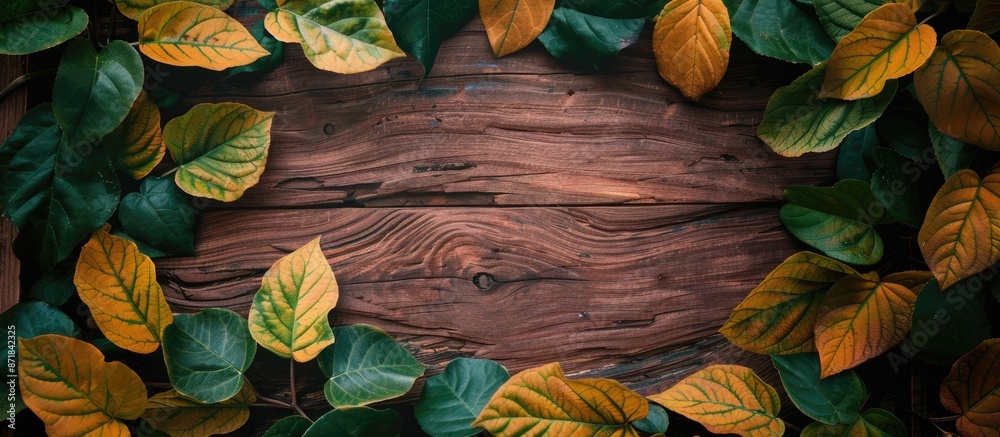 Poster copy space image featuring a frame with vivid green and yellow leaves on a wooden board background.