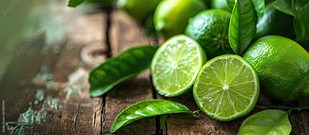 Poster close-up of fresh ripe limes and green leaves on a wooden table with ample copy space image.