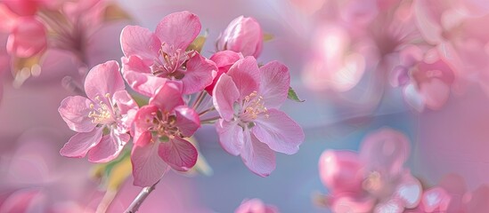 Obraz premium Close-up of pink apple tree blossoms in spring against a soft-focus sky backdrop, allowing for copy space in a macro floral photo capturing the gentle beauty of the season.