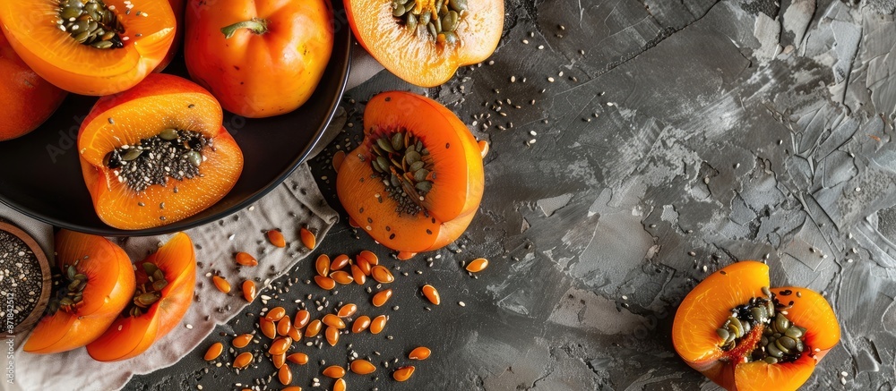 Aufkleber flat lay of a tasty dessert featuring persimmon and chia seeds on a table with ample space for text 