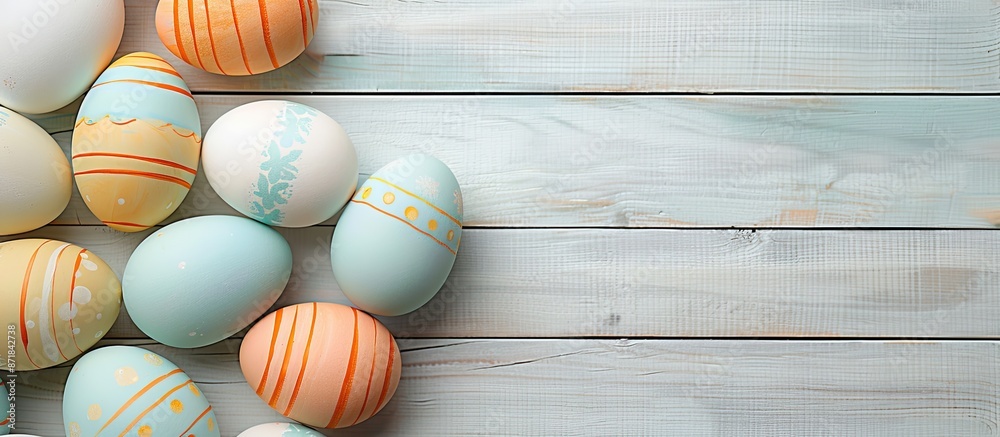 Poster easter eggs arranged on a light wooden backdrop with copy space image.