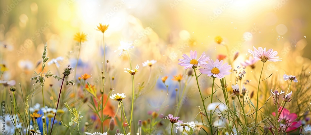 Poster capture the close-up of wildflowers in a sunny summer meadow for a nature-themed design project, wit