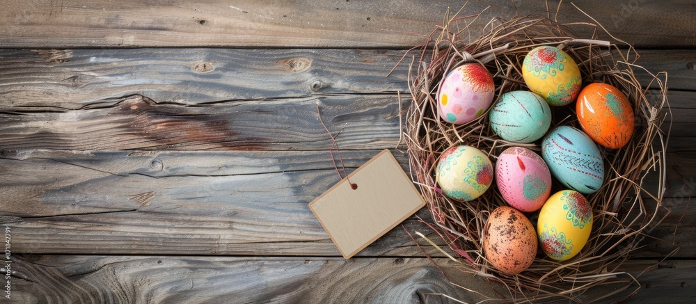 Poster Easter eggs of various colors arranged in a nest with a personal message card on a wooden surface, creating a festive Easter ambiance, suitable for copy space image.