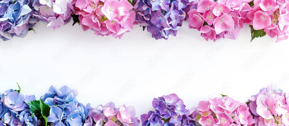 Poster border of hortensia flowers on a white background with copy space image.