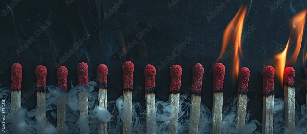 Poster An aerial view of burning and unburned matches in a row, showcasing the process of combustion with copy space image.