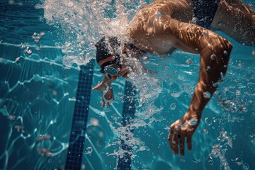 Swimmer wearing goggles and swimming cap in clear blue water of pool