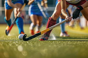 Field hockey player forcefully passing ball to teammate, action shot