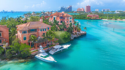 Obraz premium An aerial view of the Harborside Villas in Nassau Harbour, with Nassau's downtown skyline in the distance, as seen from Paradise Island, Bahamas.