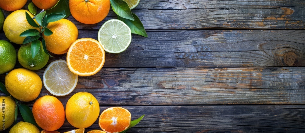 Poster Citrus fruits arranged on a wooden table with ample space for text or graphics in the background.