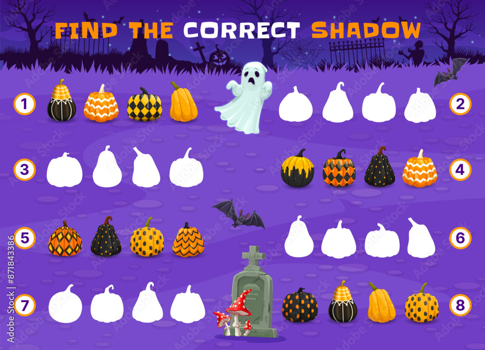 Poster find the correct shadow of halloween patterned pumpkins on cemetery and spooky ghost. cartoon kids v