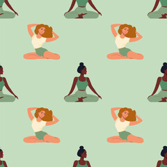 Vector seamless pattern in trendy retro style; happy women doing yoga