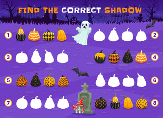 Naklejka premium Find the correct shadow of Halloween patterned pumpkins on cemetery and spooky ghost. Cartoon kids vector game worksheet for children logic activity, educational riddle for logical mind development