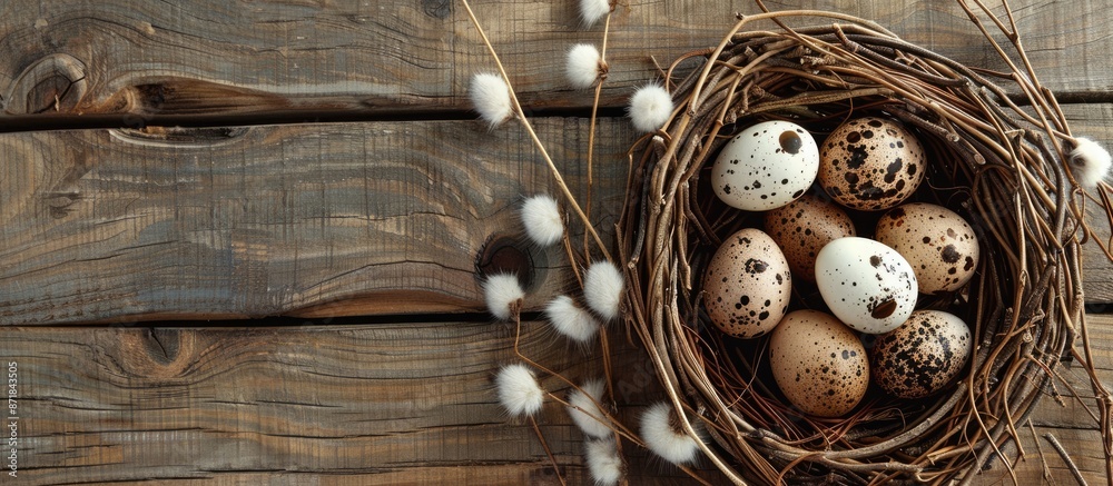 Poster easter decoration featuring quail eggs in a nest and pussy willow branches on a wooden backdrop. top