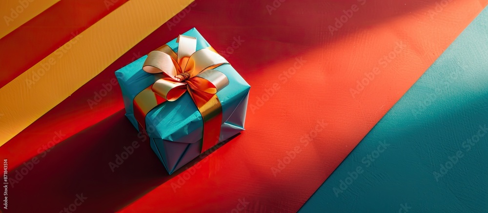 Poster colorful background with a gift box featuring a ribbon, providing ample space for additional visuals