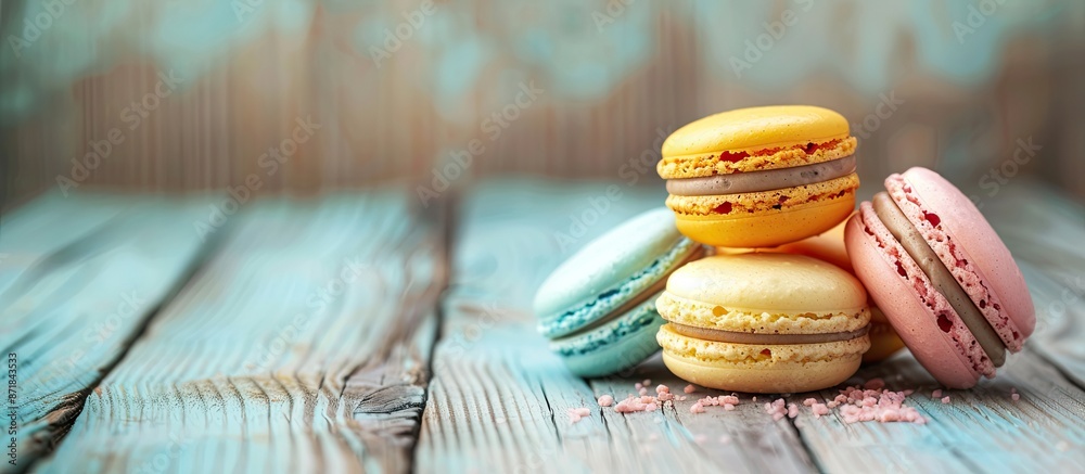 Poster colorful assortment of french macarons in pastel hues displayed on a wooden surface with selective f
