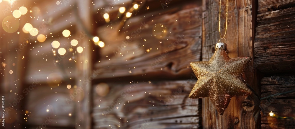 Poster close-up view of a christmas decoration against a wooden backdrop with copy space image.
