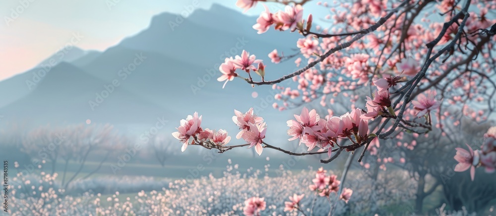 Poster almond tree in bloom with mountain in the background, perfect for copy space image.
