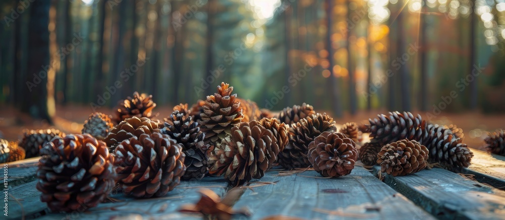 Poster Choose to focus on pine cones displayed on a wooden surface in a forest setting with space for additional text or elements in the image.