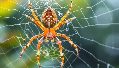 Detailed macro capture of a spider positioned in the center of its intricate web