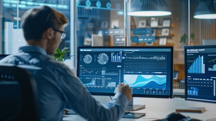 Analyst working on data analysis or dashboard on computer screen. Business team analyzing financial data by Fintech in corporate office.