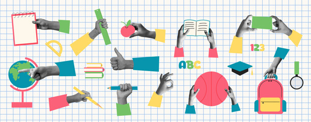 Halftone set of hands hold school supplies . education conception. Back to school. vector illustration. halftone collage