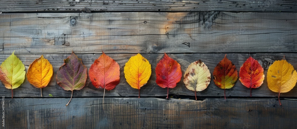 Leinwandbilder close-up of autumn leaves arranged in a row on a wooden surface with a background that offers space 