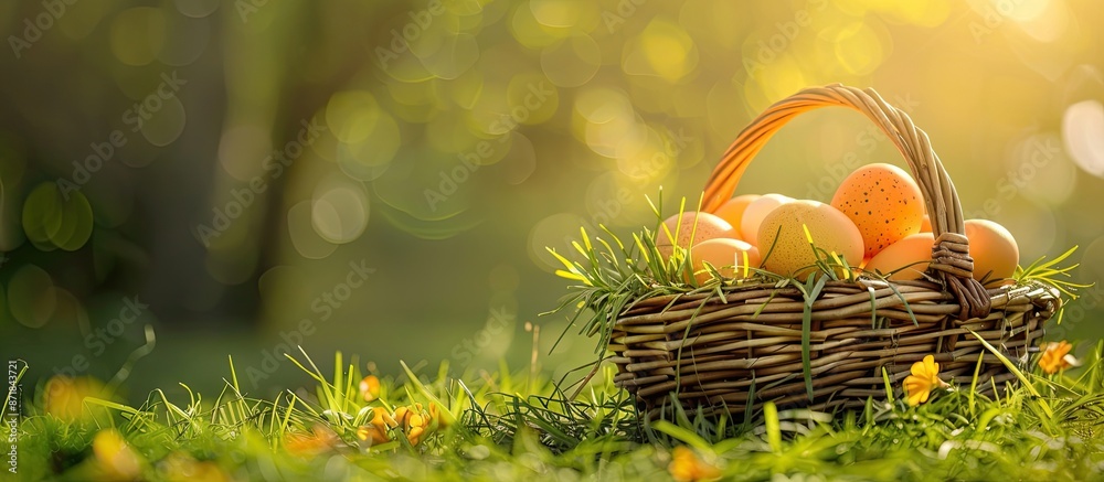 Poster easter concept with yellow and orange eggs in a wicker basket on green grass background. hidden eggs