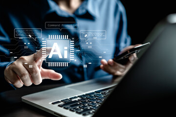 Hand of women touching artificial intelligence AI circuit board to virtual smart chatbot with a command prompt for automation generates, Innovative technology AI virtual screen for futuristic.