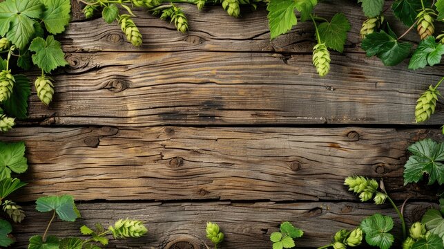Rustic wood backdrop with green hops frame and empty space