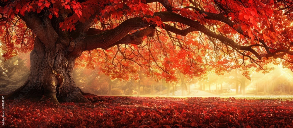 Poster autumn park scene featuring a majestic old oak tree adorned with red foliage. ample copy space image