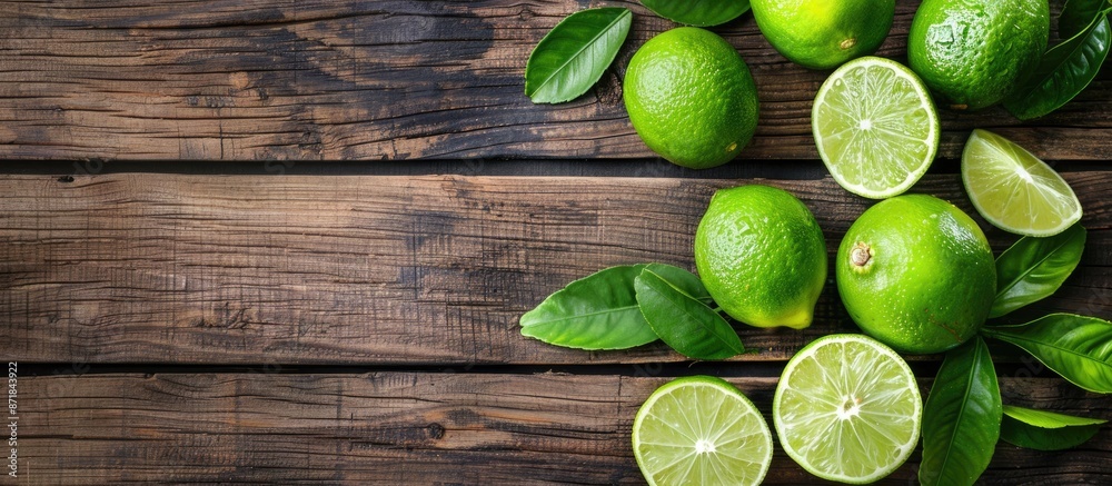 Poster detox diet with lime slices and lime juice on wooden table for copy space image.