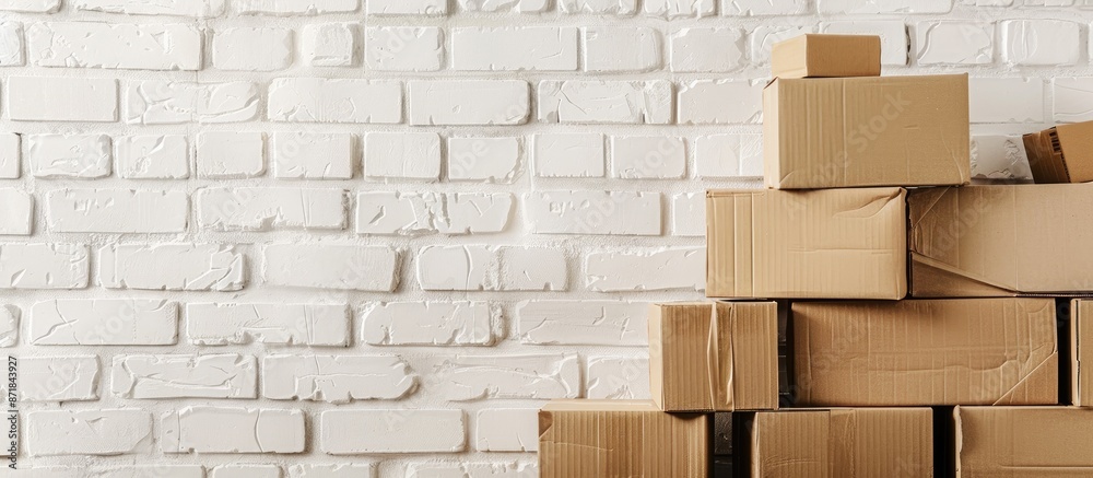 Poster close-up photo of cardboard boxes displayed against a white brick wall with ample copy space image.