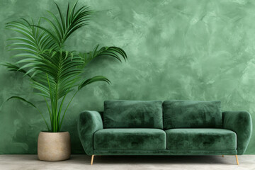 Modern Living Room Interior with Velvet Sofa and Tropical Plant