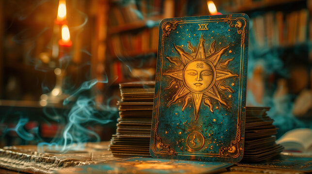 A tarot card vintage design, fortune telling, sun retro engaving, 