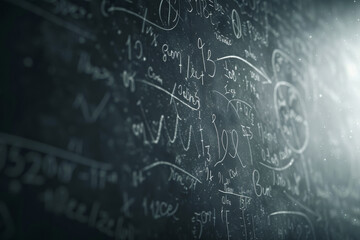 Illuminated Mathematical Formulas on Blackboard in Dark Classroom
