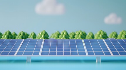 Fototapeta premium Close-up of solar panels with trees and sky in the background, representing clean energy and environmental sustainability.