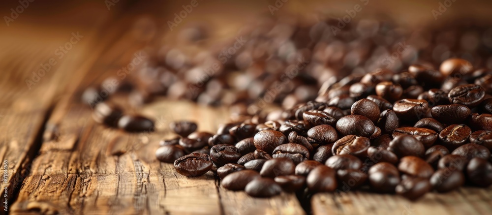 Poster Close-up view of a pile of coffee beans against a wooden backdrop with room for text in the picture. image with copy space