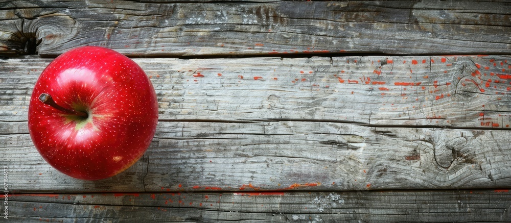 Poster Apple with red glossy skin displayed on a rustic wooden surface with a blank area for text or images, ideal for backgrounds or marketing content. image with copy space