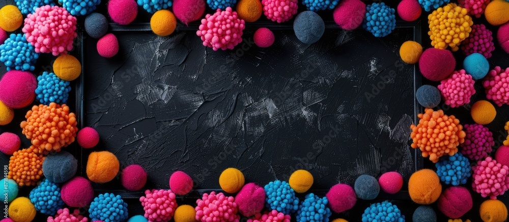 Poster Black velvet rectangle with multicolored balls creating an abstract frame on a black background with soft, fluffy balls, ideal for a copy space image.