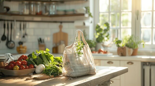 Reusable bag with organic produce in well lit kitchen sans plastic