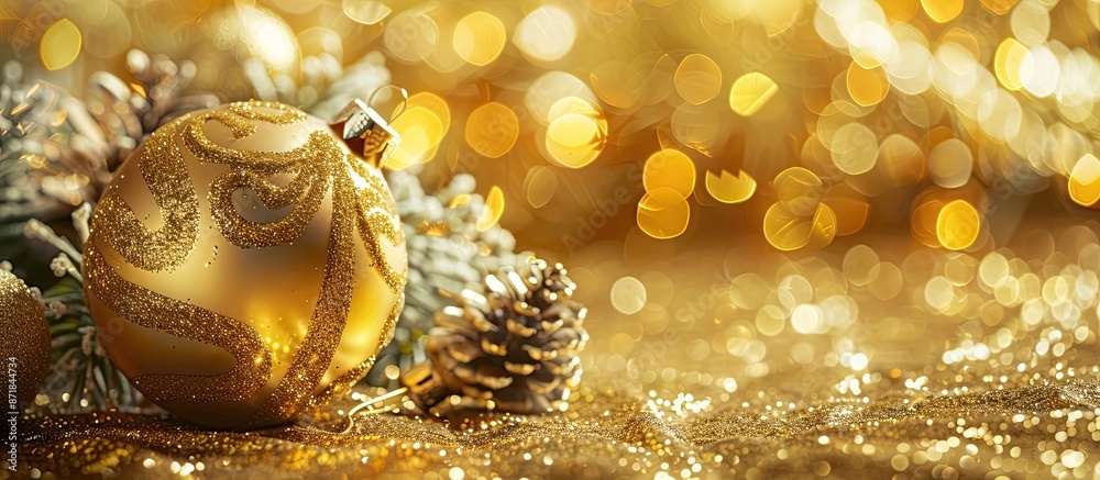 Poster christmas golden bauble and gift on a festive gold paper backdrop, close-up with room for text or gr