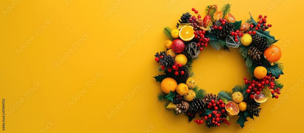 Poster abstract, unique christmas wreath crafted with thread, dried fruits, and nuts on a yellow backdrop s