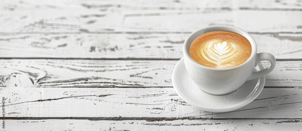 Poster Cappuccino cup on a white wooden table with empty space for an image. image with copy space