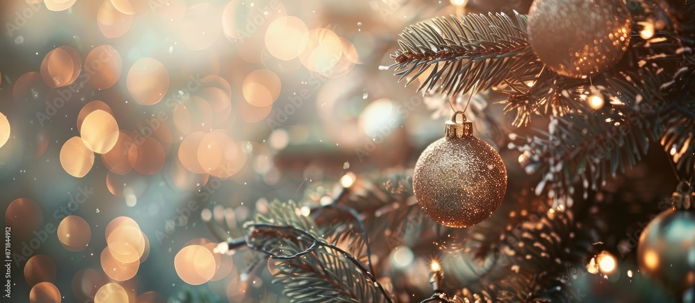 Poster blurry tree background enhances christmas decoration with available copy space image.