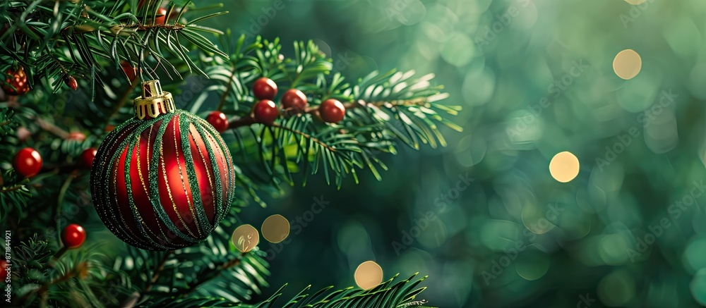 Poster Festive Christmas toy displayed on a lush fir branch with ample space for text, creating a perfect holiday-themed copy space image.