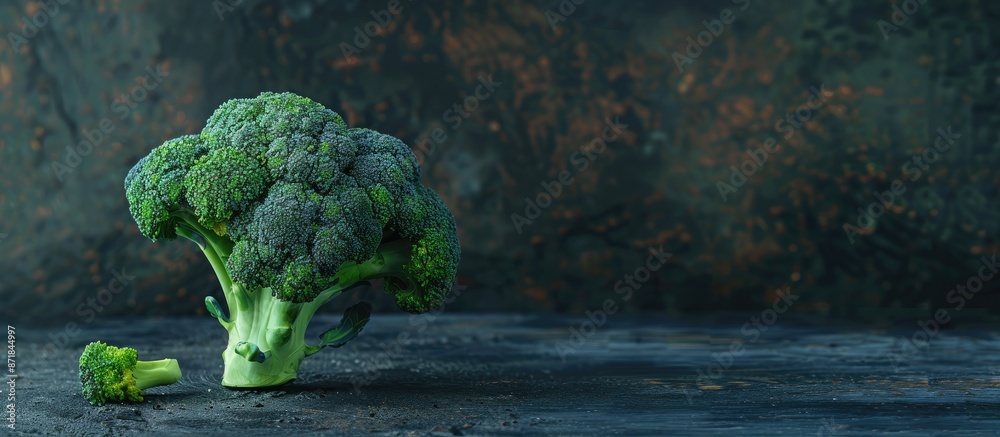 Aufkleber broccoli displayed whole and in florets against a dark backdrop, with copy space image.