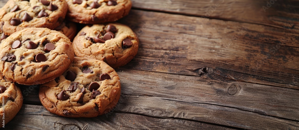 Poster Close-up of chocolate chip cookies on a wooden table with copy space image available.